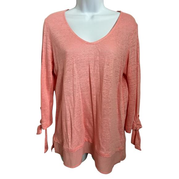Sanctuary Sylvie V-Neck Pink Top Sz Small Linen Tee 3/4 Tie Sleeve Blouse Shirt - Picture 2 of 5
